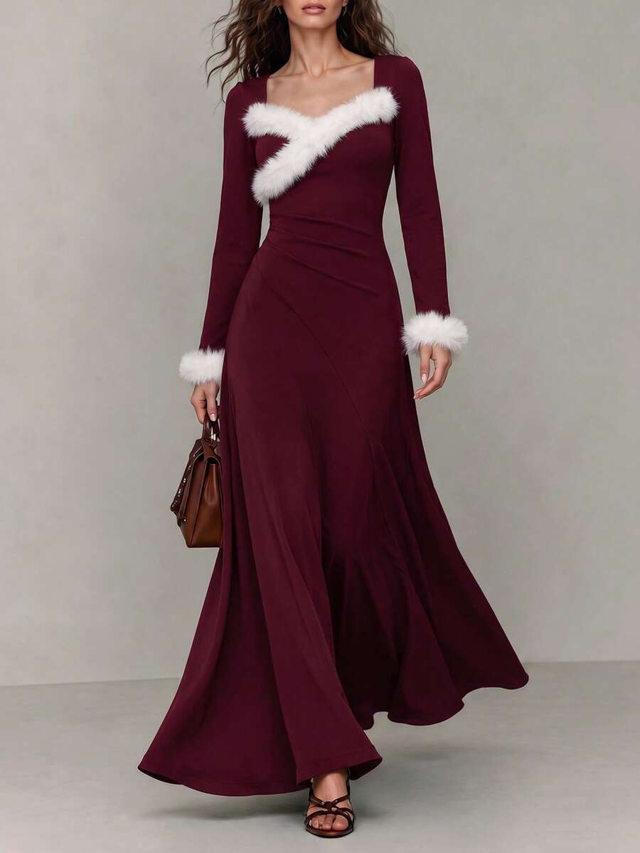 SHEIN Franclia 女士纯色毛绒爱心领长袖优雅连衣裙 - 酒紅色 - 查看 1
