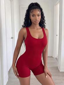 BamGleam Women's Solid Color Sleeveless Bodycon Romper - Burgundy - View 4