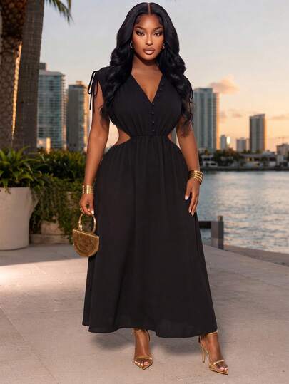 Poshavie Poshavie Plus-Size Elegant Dress, Stretch Waist With Side Cutouts And V-Neck, Perfect For Going Out.