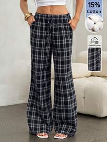 SHEIN Tall Women's Drawstring Waist Plaid Wide Leg Loose Casual Long Pants - Black - View 6