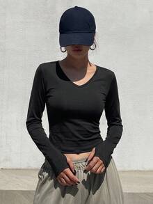 DAZY 女款素色修身百搭日常長袖上衣 - 黑色 - 查看 6