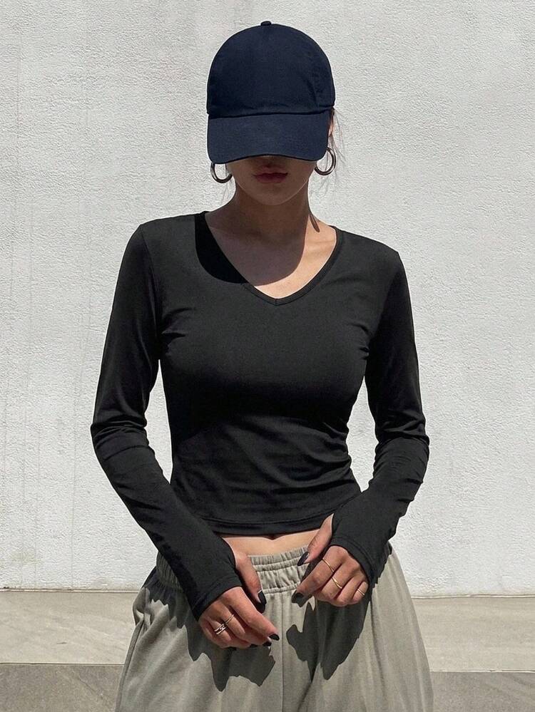 DAZY Top de manga larga de unicolor, ajuste ceñido y versátil para uso diario para mujer - Negro - Añade 6