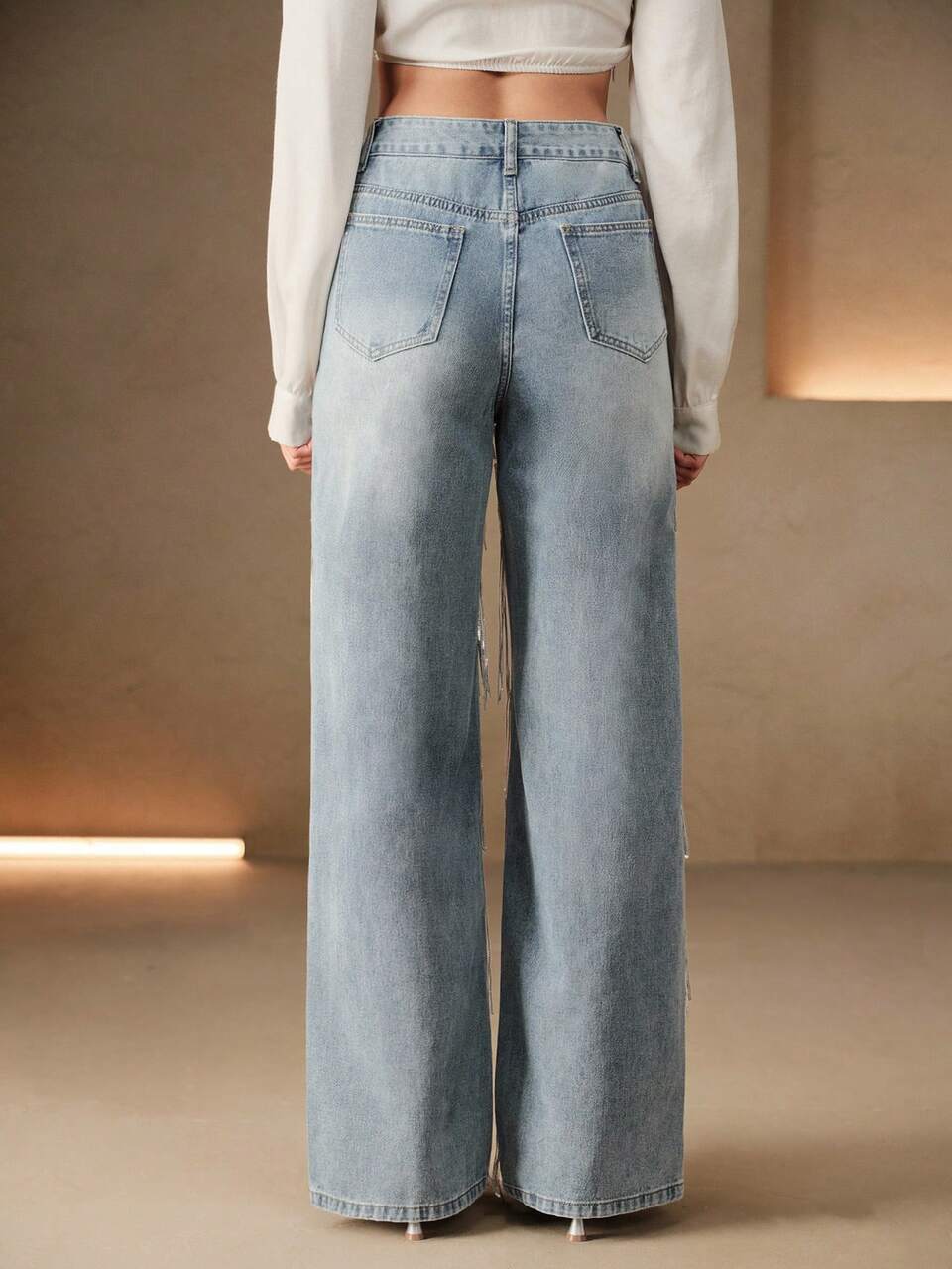 Anewsta Women's Fashion New Flowy Tassel Blue Straight Leg Jeans