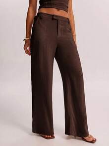 SHEIN BAE Celana Panjang Wanita Polos dengan Saku, Kasual, Serbaguna, untuk Perjalanan Sehari-hari - Coffee Brown - View 3