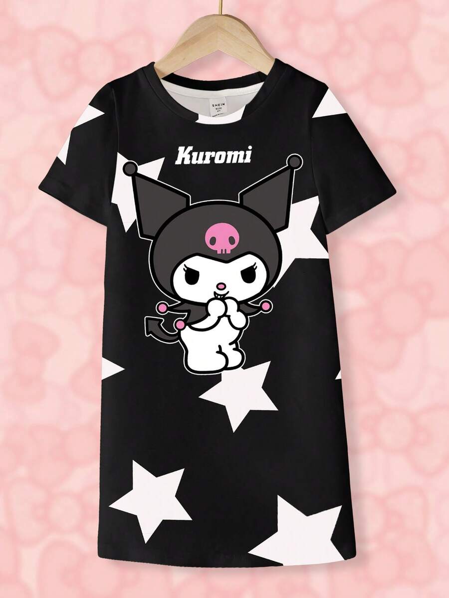 HELLO KITTY AND FRIENDS | SHEIN 女童卡通印花圓領短袖休閒洋裝 - 白色 - 查看 1