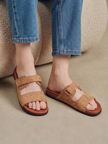 Solecia Women's Shoes Summer New Rivet Double Broadband Design Open-Toed Flat Bottom Comfortable Casual  Women's Slippers Shopping Coffee Date Wear - Brown - View 6