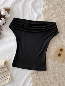 Tseoso Kaos Rajut Wanita Warna Polos Slim Fit Tanpa Bahu, Hitam, Seksi untuk Acara Malam Musim Panas - Putih - View 2