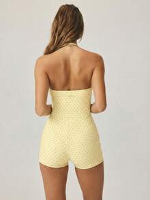 Aralina Stretch Knit Halter Neck Bodycon Fit Polka Dot Sculpting Silhouette Summer Outfits Women Romper Shorts Workout Gym Casual World Cup Fan Outfit - Light Yellow - View 3