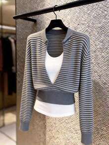 GlowEve Premium Versatile 2 In 1 V-Neck Striped Slimming Elegant Top - Grey - View 1