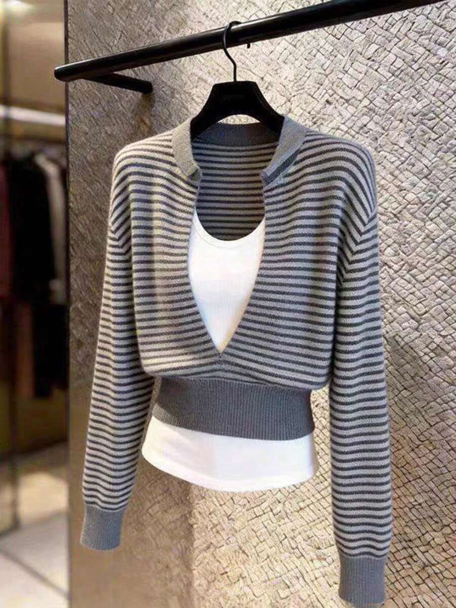 GlowEve Premium Versatile 2 In 1 V-Neck Striped Slimming Elegant Top - Grey - View 1
