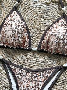 Bonvoyette 2-Piece Spring/Summer Sequin Textured Fabric Marble Print Bead Decor Triangle Cup Bra And Side Tie Bikini Bottom Sexy Bikini Set Beach Club Brown - Multicolor - View 9