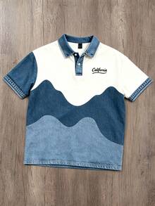 Manfinity Hypemode Men's American Retro Wave Colorblock Denim Effect Patchwork Polo Shirt - Multicolor - View 2