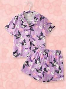HELLO KITTY AND FRIENDS | SHEIN 女童卡通印花短袖單排扣上衣與短褲家居服 - 紫色 - 查看 1