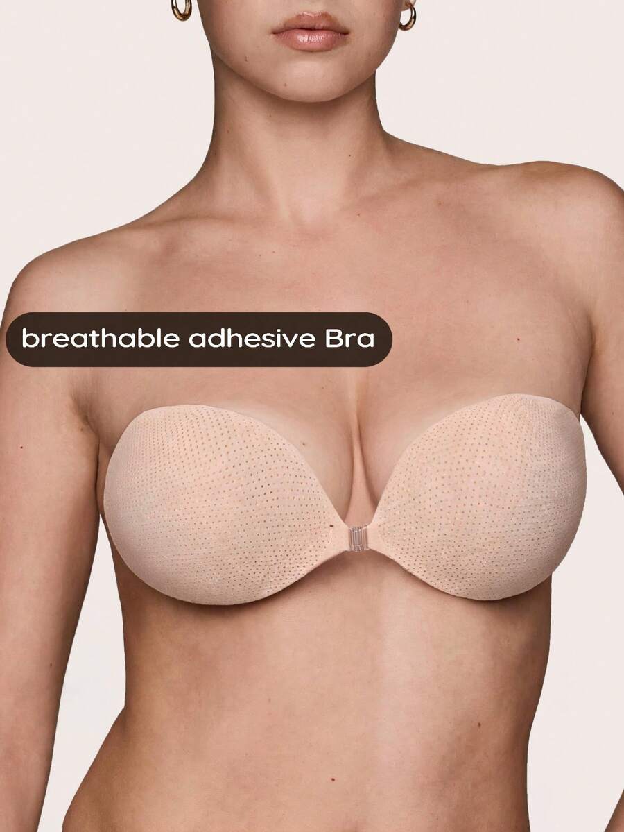 Lignisse Breathable Sticky Bra With Ventilation Design, Invisible Strapless Self-Adhesive Push Up Silicone Bra For Women Backless Deep V Summer Party Dress - Apricot - View 1
