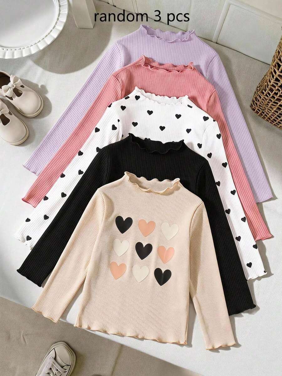 SHEIN 兒童 3件組女童休閒基礎百搭素色羅紋飾邊小高領針織修身T恤套裝 秋冬款 - 彩色 - 查看 1