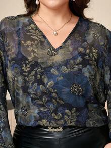 SHEIN Clasi 大尺碼女款秋冬幾何花卉線條印花前扣長袖通勤街頭風襯衫，適合日常穿著 - 藍色 - 查看 4