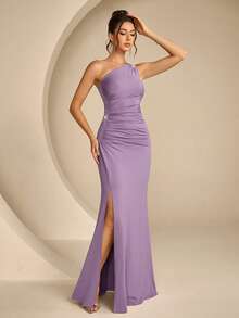 Coutiva Women's Rhinestone Embellished Pleated One-Shoulder Slit Design Elegant Cinched Waist Party Bridesmaid Dress - Lilac Purple - View 4