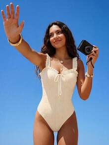 SHEIN Swim Women's Summer Casual Solid Color Floral & Striped Textured Fabric Ruched Shoulder Strap Front & Waist Hollow Tie Romper Swimsuit - Apricot - View 5