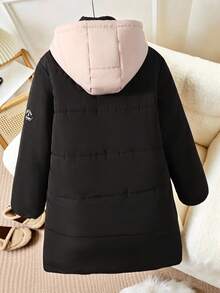 SHEIN Teen Girlblack Colorblock Long Padded Hooded Jacket, Thick Fleece Lining For Warmth, Zipper Button Closure, Winter Snow Travel Commute, Baggy Work - Black - View 8