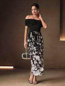 Anewsta Women's Elegant Mid-Length 3D Embroidered Off-Shoulder Dress, Black And White Cocktail Dress For Party, Wedding Guest Wear - Black - View 4