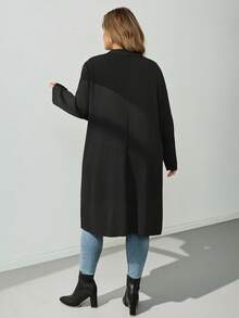 SHEIN CURVE+ Cardigan Kerah Air Terjun Hitam Ukuran Besar - Hitam - View 2