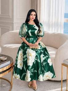 SHEIN Lady CURVE Plus Size Round Neck Raglan Petal Sleeve Summer Elegant Floral Print Dress Olive Green Birthday Evening Wedding Evening Evening Bride Vacation - Green - View 6