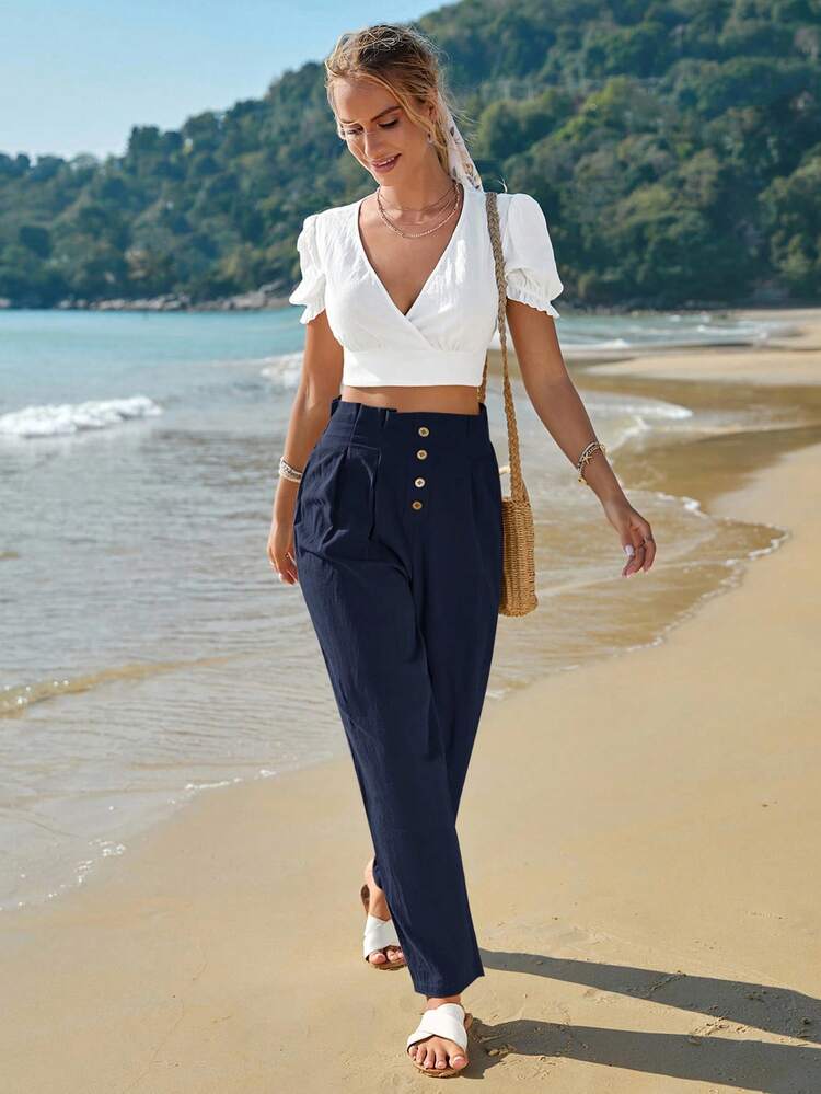 SHEIN Frenchy Women's Solid Color Pleated Casual Versatile Daily Wear Long Pants - Navy Blue - View 4