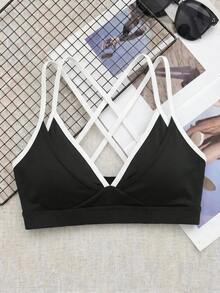 SHEIN Cheerettes 女款拼色交叉背日系健身運動內衣 黑色運動內衣 可拆式內墊 白色對比細肩帶雙層健身房適用 - 黑色 - 查看 1
