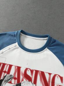 ROMWE MEN Men's Japanese Lotus Letter Print Colorblock Long Sleeve T-Shirt - White - View 2