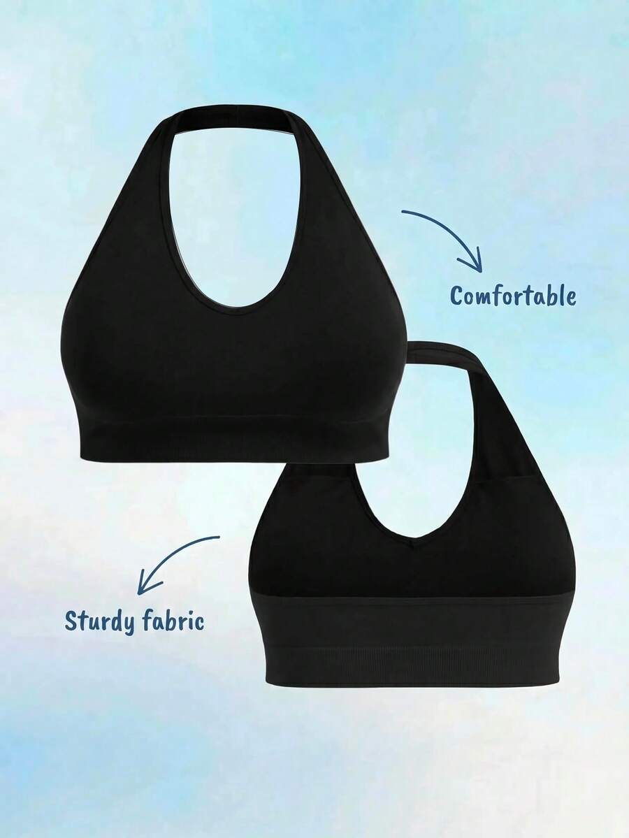 SHEIN Cheerettes Women's Plus Size Seamless Solid Color Daily Fitness Halter Neck Black Sports Bra High Stretch Breathable Moisture Wicking Halter Neck Removable Pads