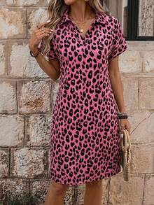 EMERY ROSE Leopard Print Casual Batwing Sleeve Dress, Summer Women's Pink Short Animal Women Vacation - Hot Pink - View 1