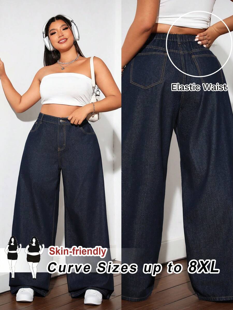 SHEIN CURVE+ 大尺碼女款極簡經典高腰純色牛仔長褲,適合通勤與日常穿著 - 藍色 - 查看 1