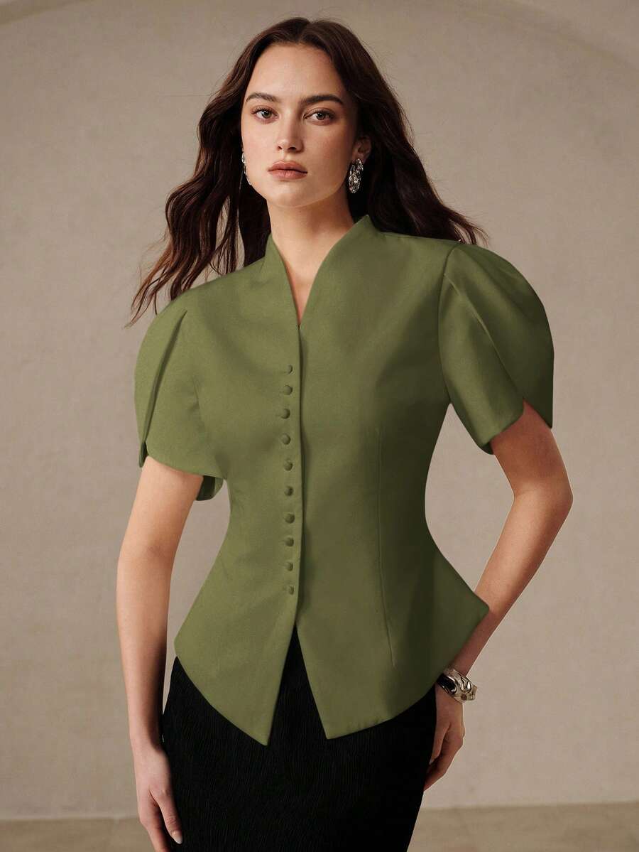 BELROSIE BELROSIE 優雅通勤奢華女款西裝上衣,白色純色,短袖泡泡鬱金香袖,立領單排扣裝飾,收腰設計,微喇下擺,挺挺修身剪裁,挺括面料,極簡優雅風,夏季 - 軍綠色 - 查看 1