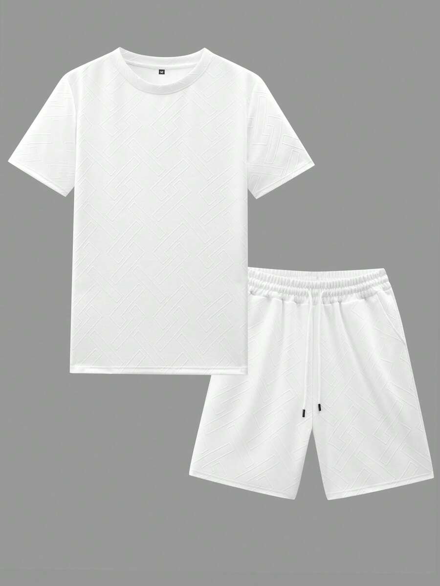 Sorvial 2pcs/Set Men's Short Sleeve Crew Neck T-Shirt And Shorts Set, Jacquard, Size L
