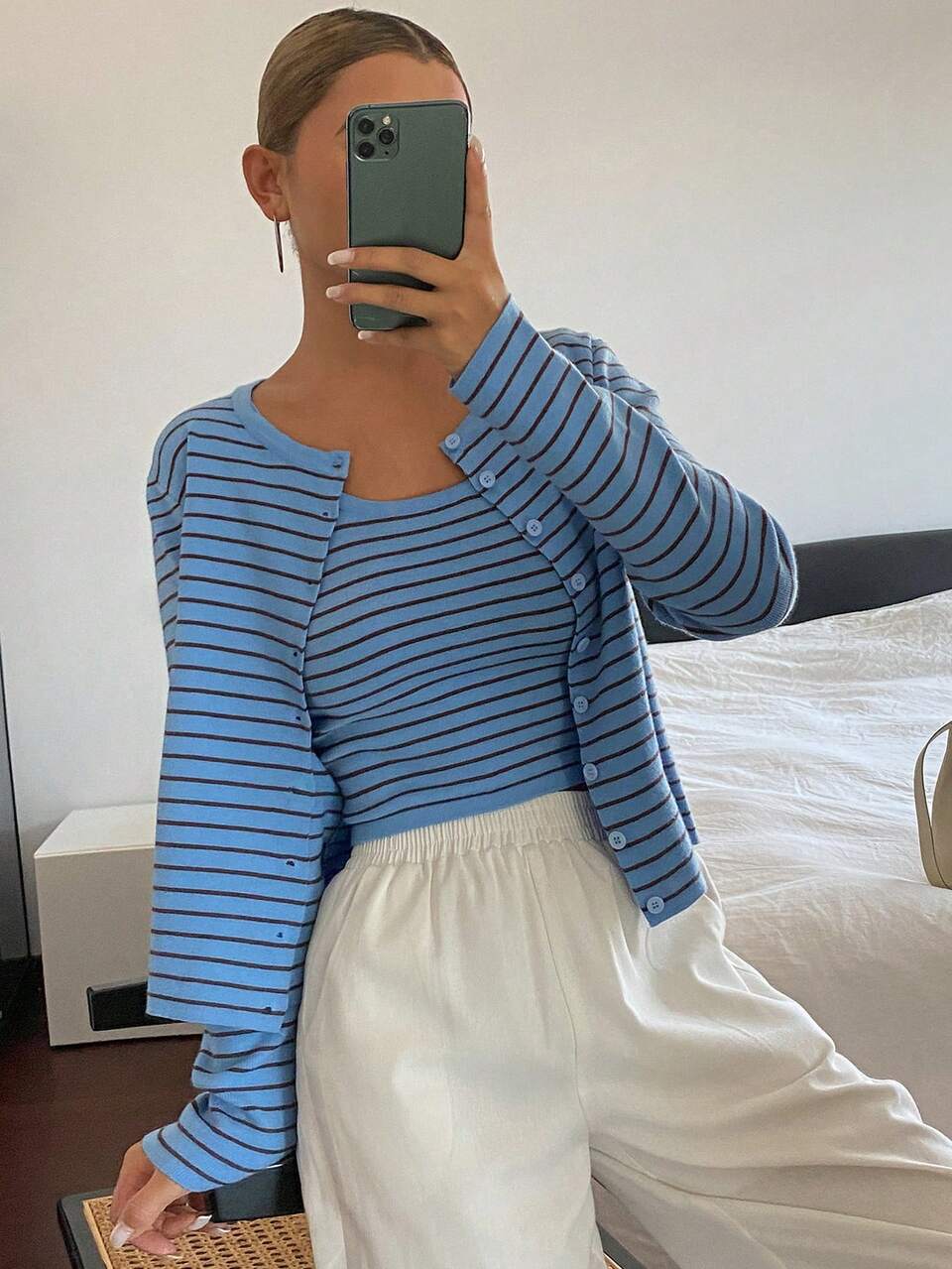 Women's 2-Piece Set: Contrast Striped Fitted Camisole Top And Loose Long Sleeve Knit Cardigan, Casual Vacation Streetwear Spring Autumn Sweater