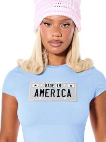 SUMWON Made In America 車牌圖案修身短版短袖 T-shirt，貼身圓領短版上衣，夏季音樂祭愛國風 7 月 4 日日 - 藍色 - 查看 4