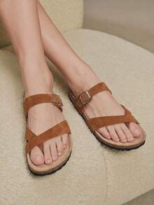 Solecia Women's Adjustable Buckle Casual Beach Slippers For Christmas Summer Shoes - Camel flannel - View 7