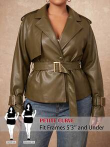 SHEIN PETITE CURVE 大尺碼女款純色PU皮革長袖單排扣時尚風衣 - 墨綠色 - 查看 2