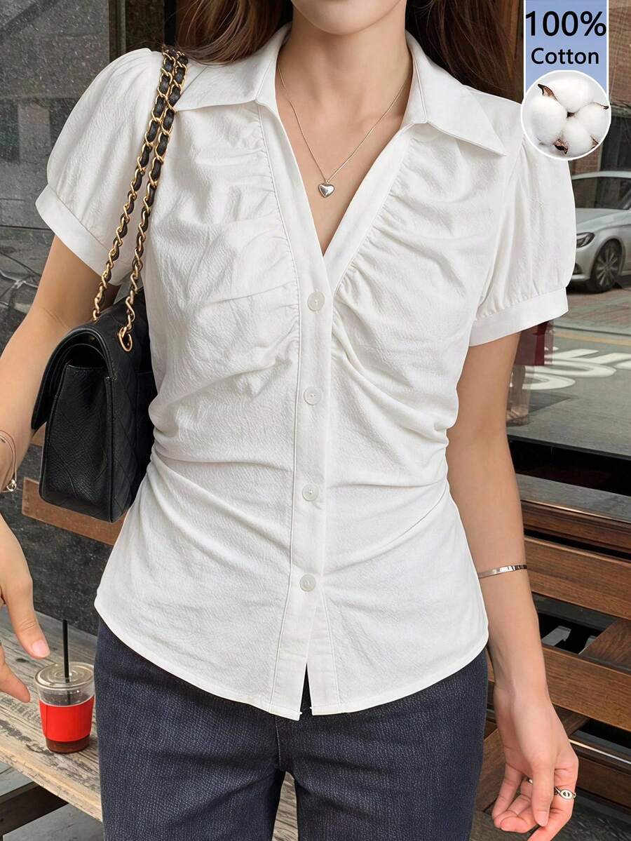 Yumoku Casual French Elegant Women's Summer 100 Cotton Button-Down Shirt Teachers' Day Brunch Office Work White Back To School Going Out Tops - White - View 1