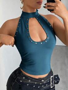 Flirla Women's Solid Color Rivet Design Cutout Slim Fit Halter Neck Tank Top - Blue - View 1