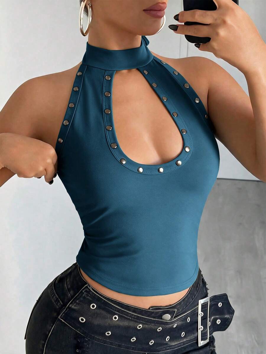 Flirla Women's Solid Color Rivet Design Cutout Slim Fit Halter Neck Tank Top - Blue - View 1