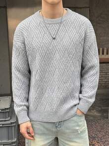 SHEIN Teen Boy Teen Boys Casual Gray Comfortable Textured Solid-Color Crew Neck Sweater Is A Versatile Piece, Perfect For The Fall/Winter Back-To-School Season. - Grey - View 4