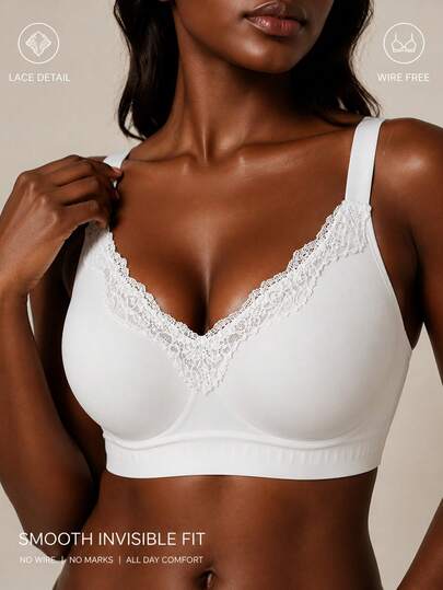 SHEIN Women's 1pc Lace Patchwork Non-Removable Cup Pads 2-Way Shoulder Strap Jelly Glue Support Bra