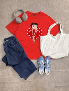 Betty Boop x SHEIN SHEIN EZwear 休閒極簡圓領短袖寬鬆女款愛心印花T恤，夏季街頭風，返校季，Y2K，派對，海灘度假，紅色 - 紅色 - 查看 4