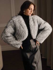 Anewsta Autumn/Winter Elegant Black & White Gradient Faux Fur Coat, Long Hair Waist-Exposing Design, Sophisticated Top - Black and White - View 4