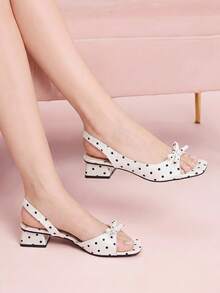 CUCCOO DOLLMOD Women's Shoes, Beige Upper Black Polka Dots, Satin Texture, Back Strap Sandals, Bow Square Toe Low Chunky Heels, Elegant Commuting Out Versatile Fash - Black and White - View 1