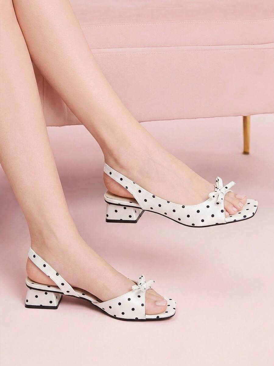 CUCCOO DOLLMOD Women's Shoes, Beige Upper Black Polka Dots, Satin Texture, Back Strap Sandals, Bow Square Toe Low Chunky Heels, Elegant Commuting Out Versatile Fash - Black and White - View 1