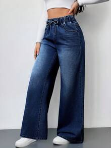 SHEIN Tall 女款時尚百搭抽繩腰口袋寬鬆寬腿牛仔褲 女牛仔裝飾藍色牛仔褲 返校季秋季穿搭 - 藍色 - 查看 3