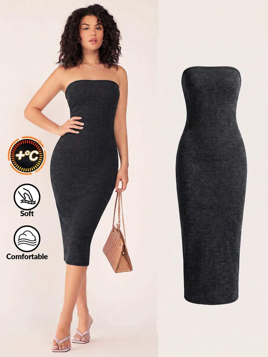 SHEIN BASICS 女款純色休閒日常無肩帶中長洋裝 - 黑色 - 查看 1