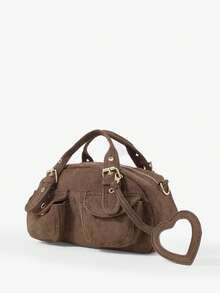 Viva Strut Ladies Fashionable Casual Street Personalized Sweet Cool Spice Y2K, Heart Mirror Pendant Rivet Design, Brown Suede Retro Handbag, Crossbody Bag - Coffee - View 3
